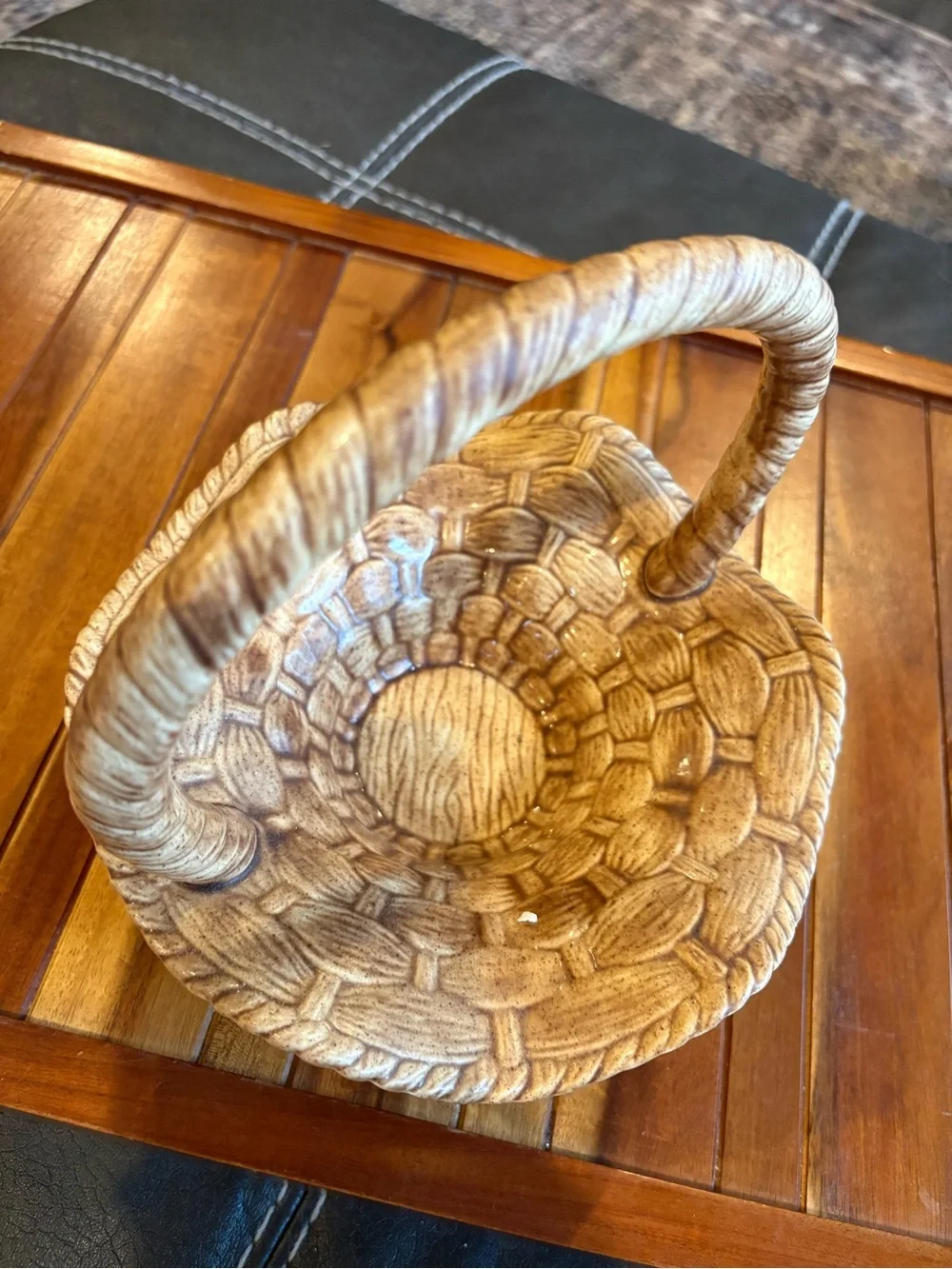Vintage Hand Crafted Ceramic Pottery Basket Brown